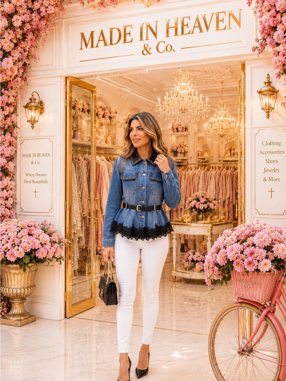 Made In Heaven & Co. Denim Peplum Jacket with Black Lace Trim - Blue